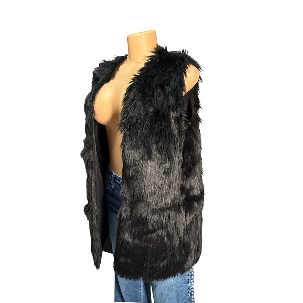 Gianni Bini Faux Fur Vest Womens Medium Black Excellent Shaggy Open Front Layer